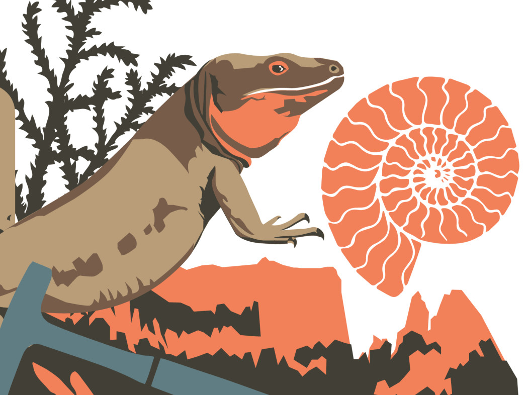 Illustration einer Echse vor stilisierten Pflanzen, einer orangefarbenen Ammonitenschale und einer felsigen Landschaft.
