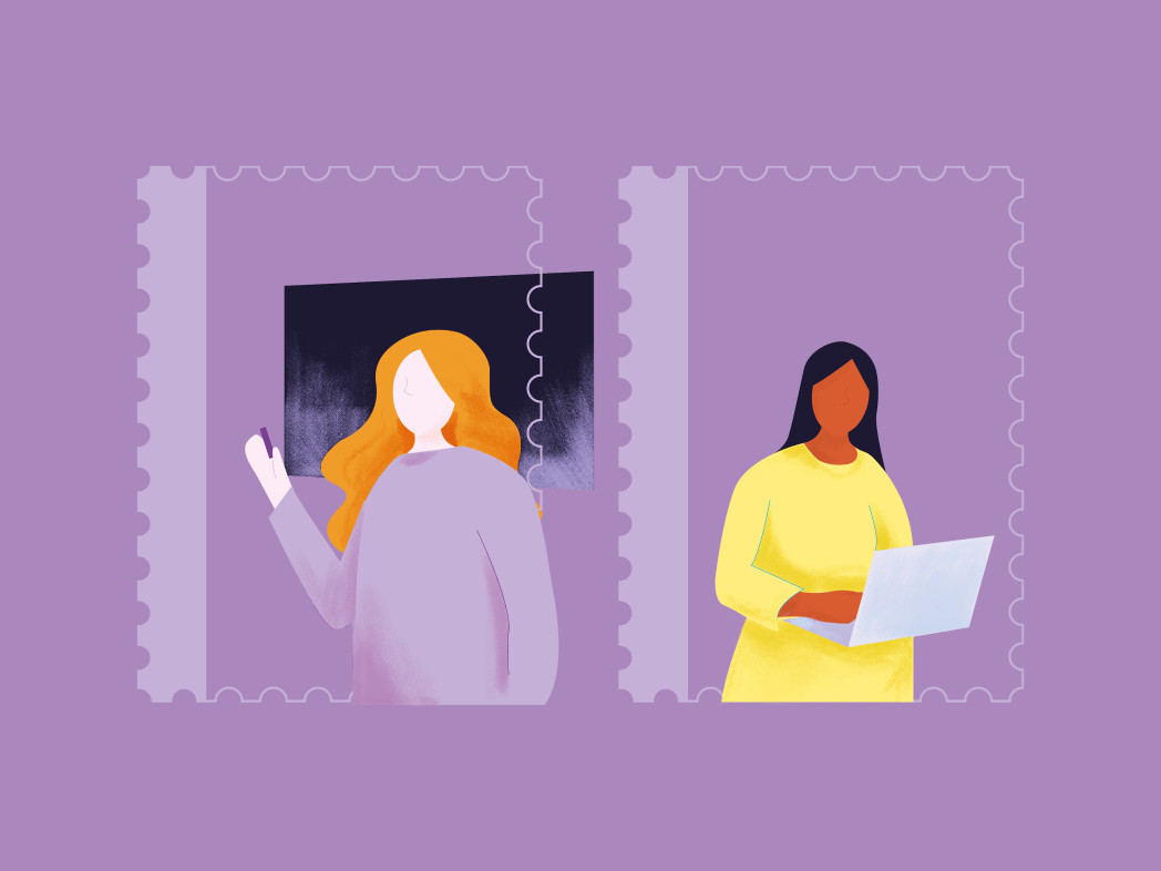 Illustrazione di due donne affiancate: a sinistra una donna con capelli lunghi davanti a una lavagna, a destra una donna con un computer portatile in mano.