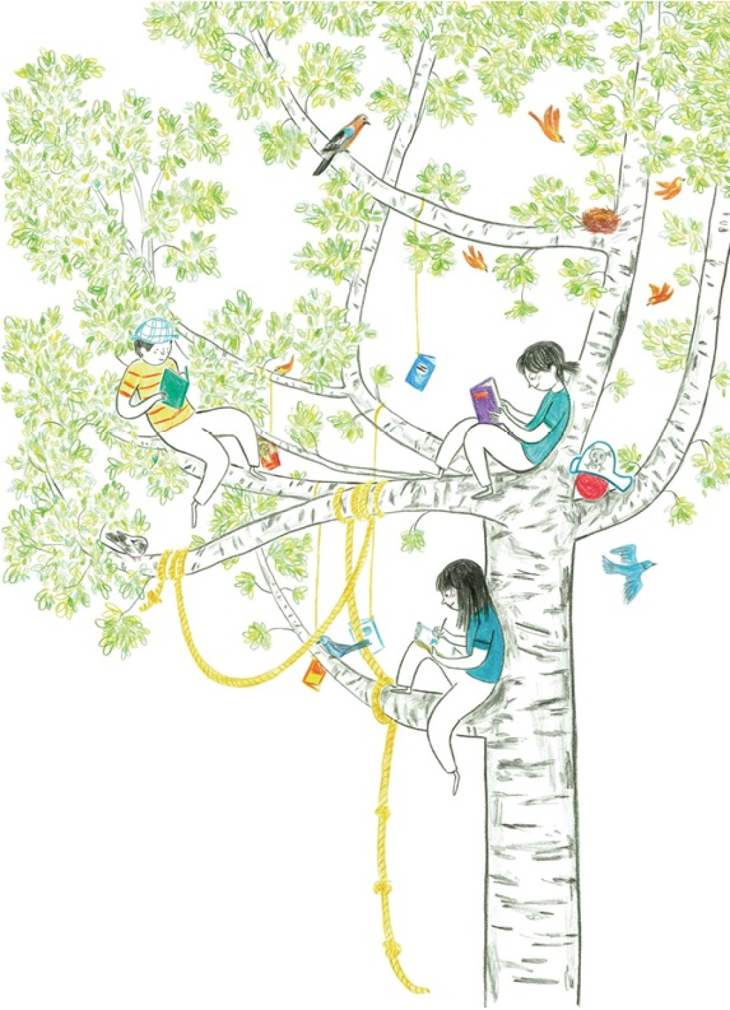 Kinder lesen in einer Baumkrone