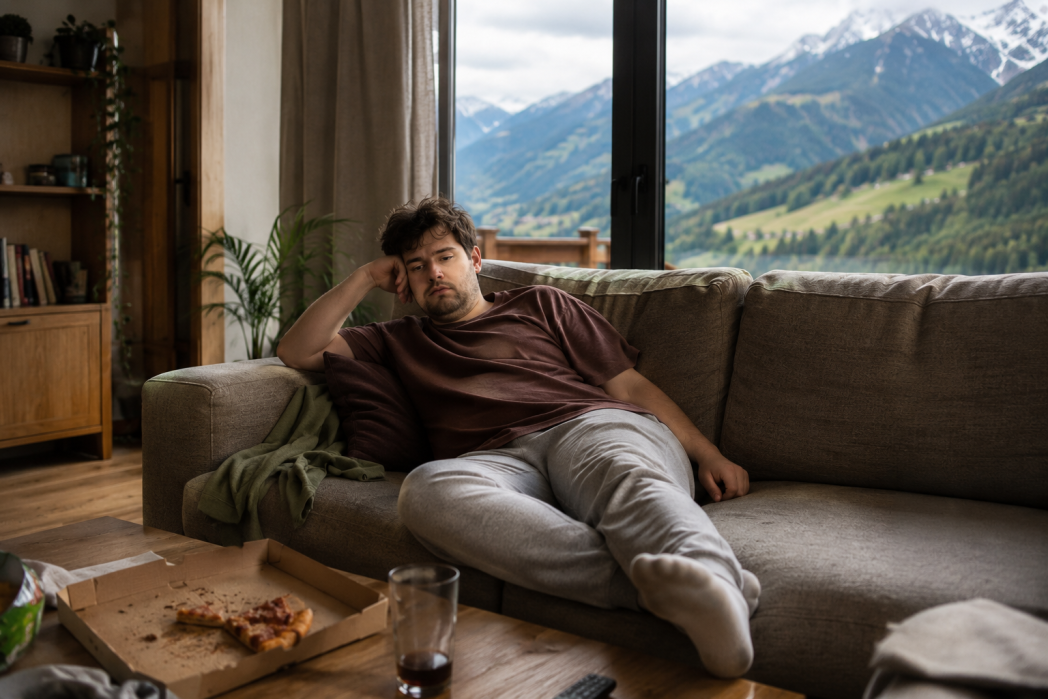 Ein junger Mann liegt auf dem Sofa, vor ihm steht ein Pizzakarton und ein fast leeres Glas Coca Cola. 