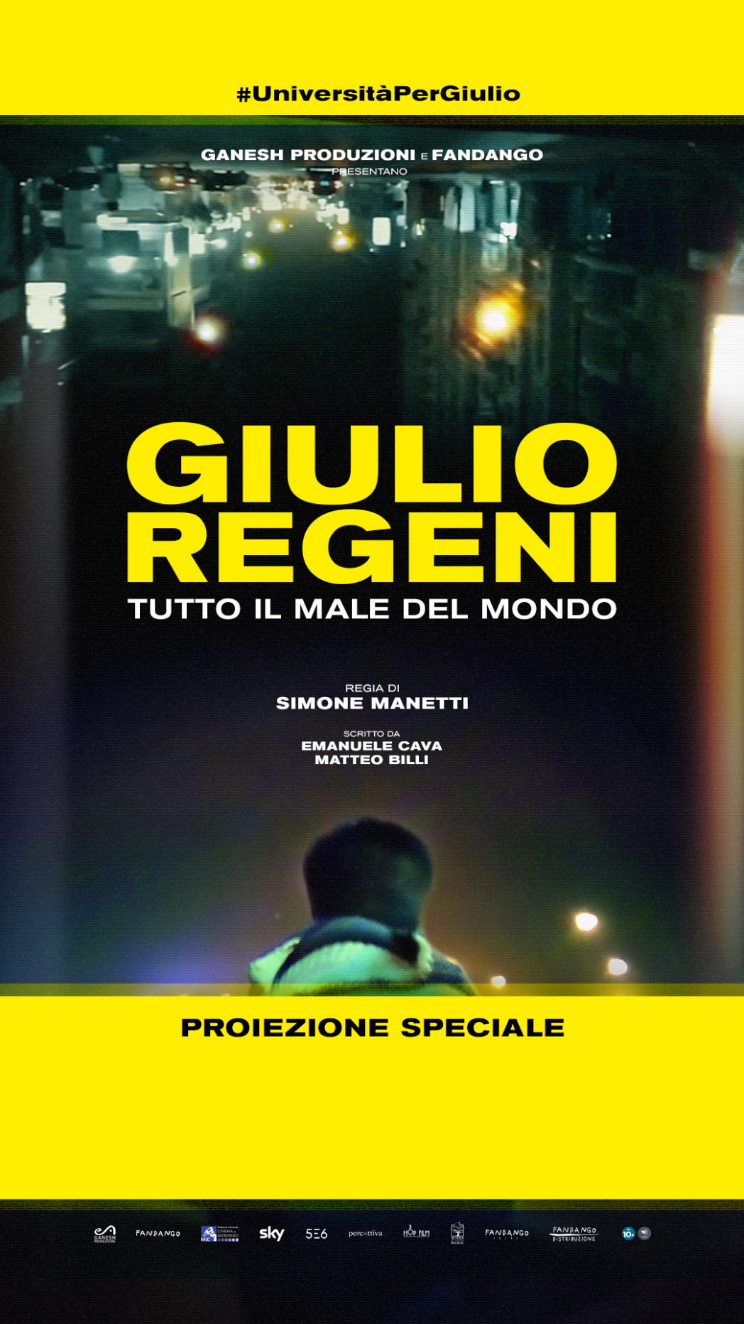 Locandina del film “Giulio Regeni – Tutto il male del mondo” con scena notturna sfocata e figura di spalle; testo “#UniversitàPerGiulio” e “Proiezione speciale”.