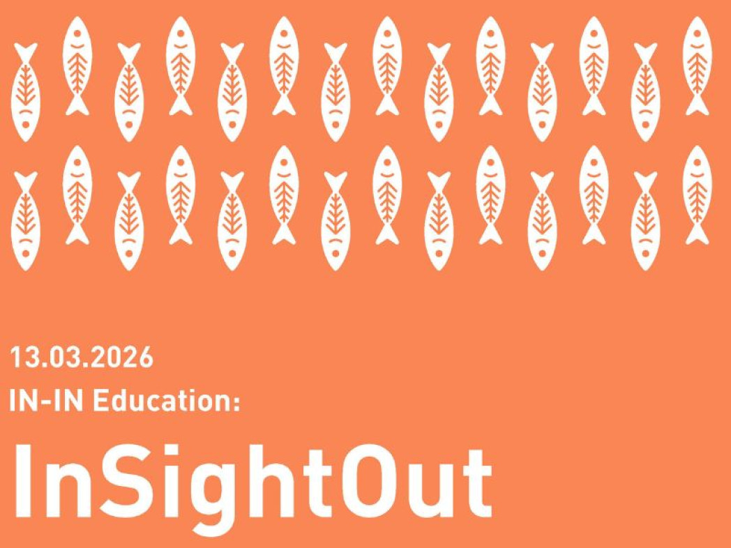Veranstaltungsplakat mit Fischsymbolen und dem Text „13.03.2026 – IN-IN Education: InSightOut