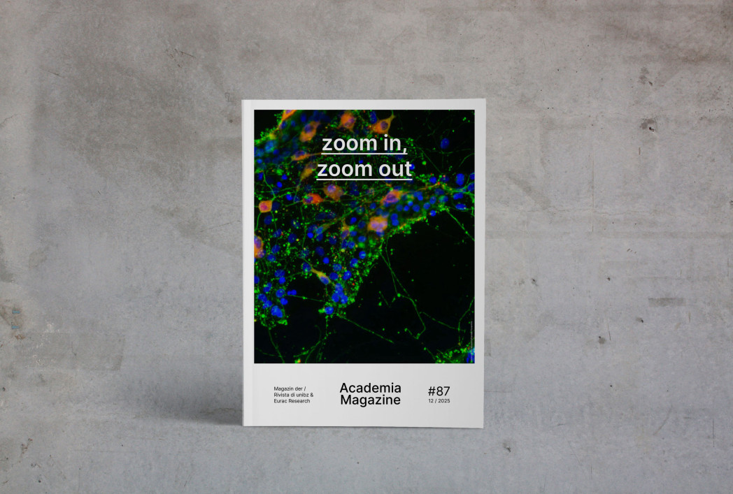 Copertina di una rivista su parete in cemento con grafica astratta a rete e il titolo “zoom in, zoom out”.