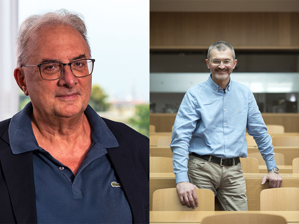 Due ritratti di uomini in ambienti universitari interni: aula, finestra.