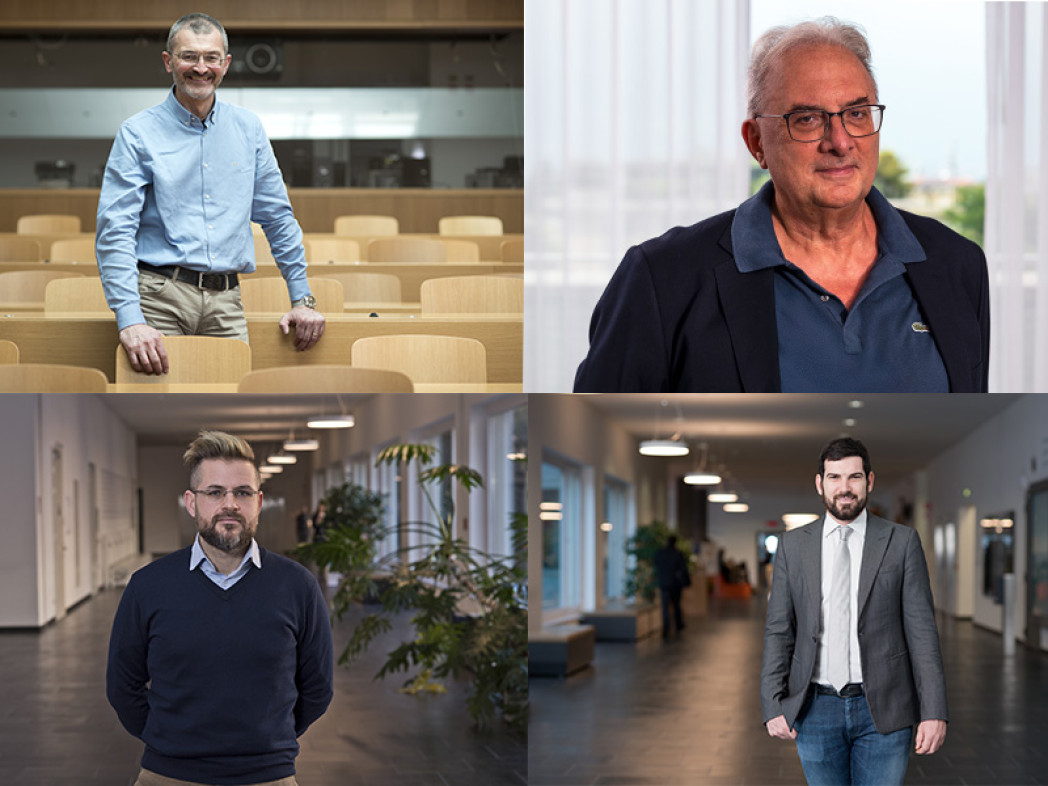 Quattro ritratti di uomini in ambienti universitari interni: aula, finestra, corridoio con piante e corridoio moderno.