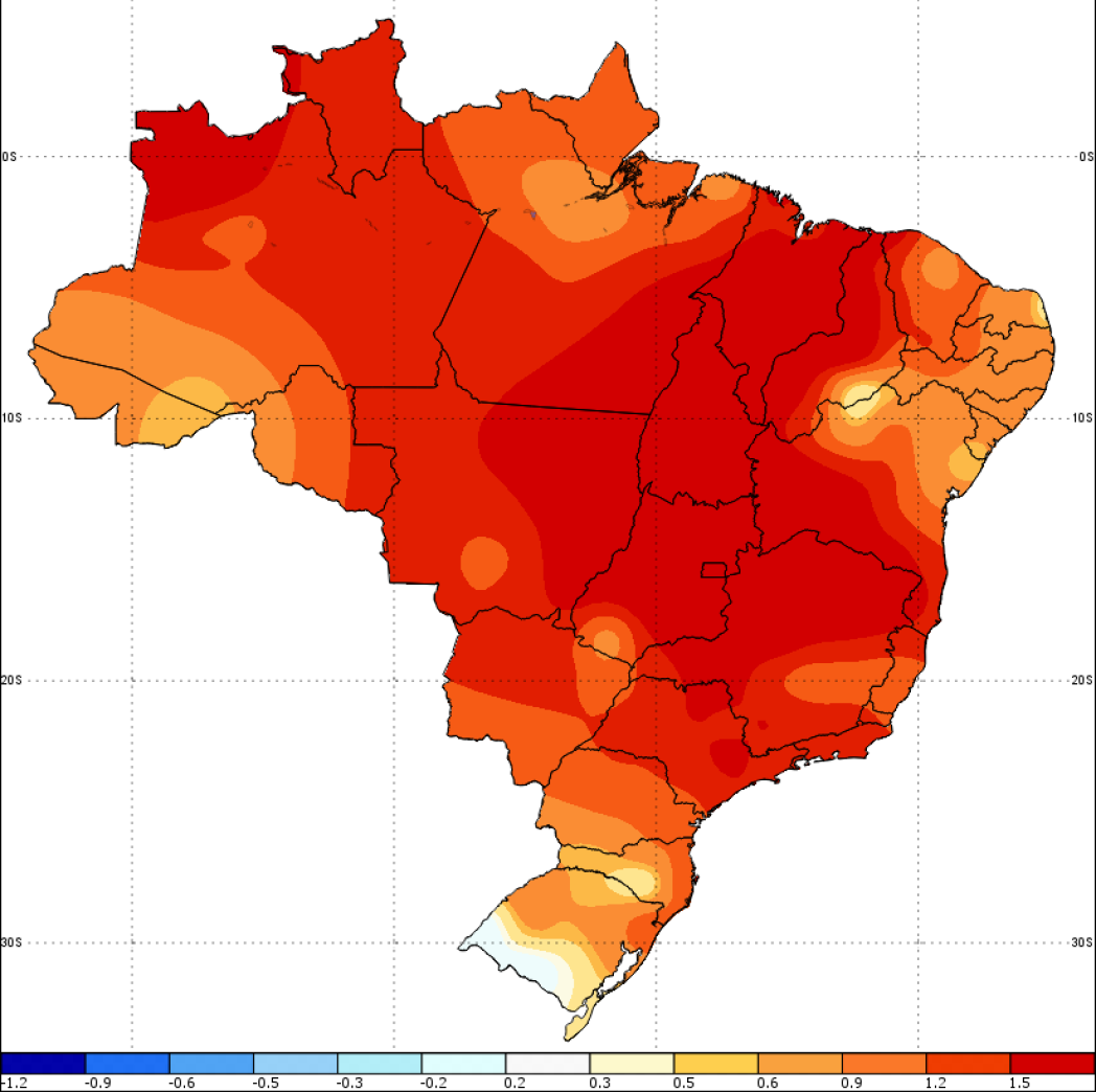 The map shows how much October’s average maximum temperature has risen or fallen in Brazil when comparing recent decades (1991–2020) with earlier ones (1961–1990).