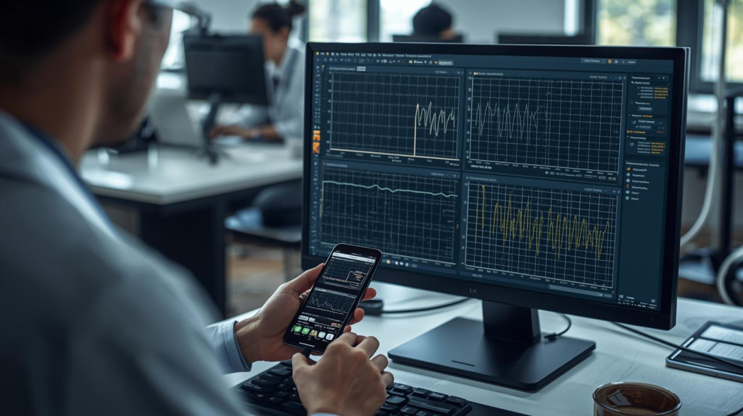 Uomo con telefono e computer con dati.