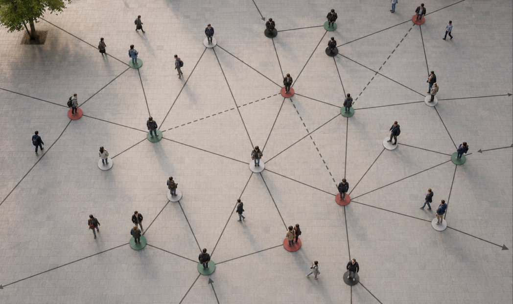Rappresentazione di un network con i nodi rappresentati da persone e le linee che rappresentano le relazioni tra di esse. 