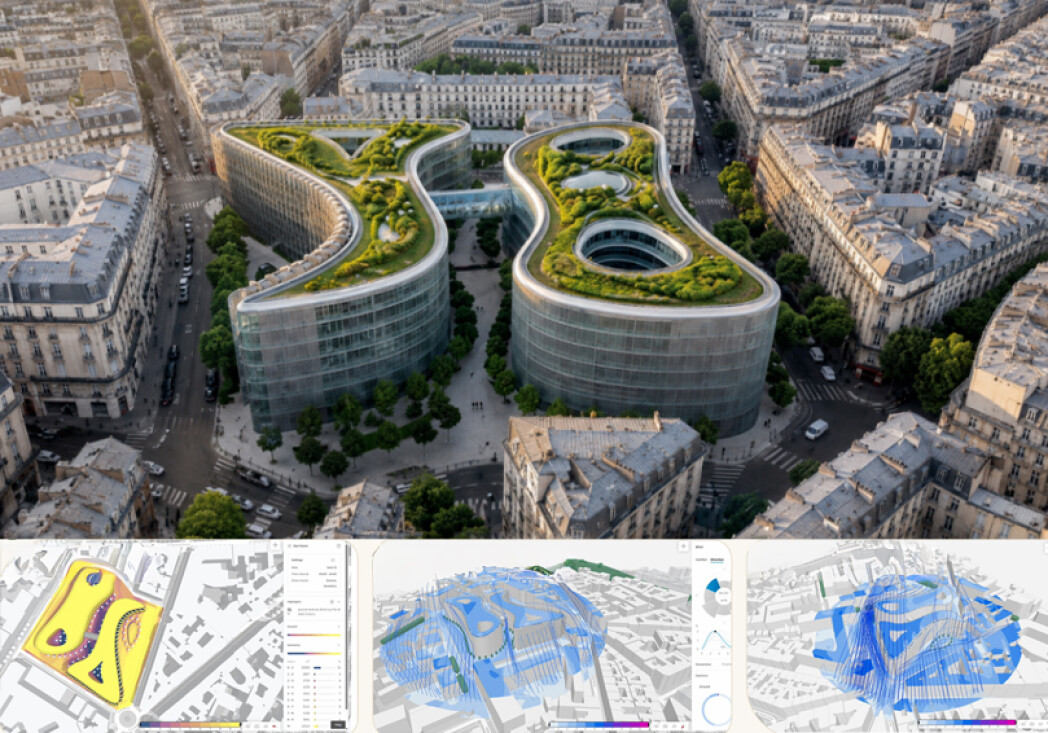 Aerial view of two curved glass buildings with green roofs in a dense urban district; below are three digital analysis views of the complex.