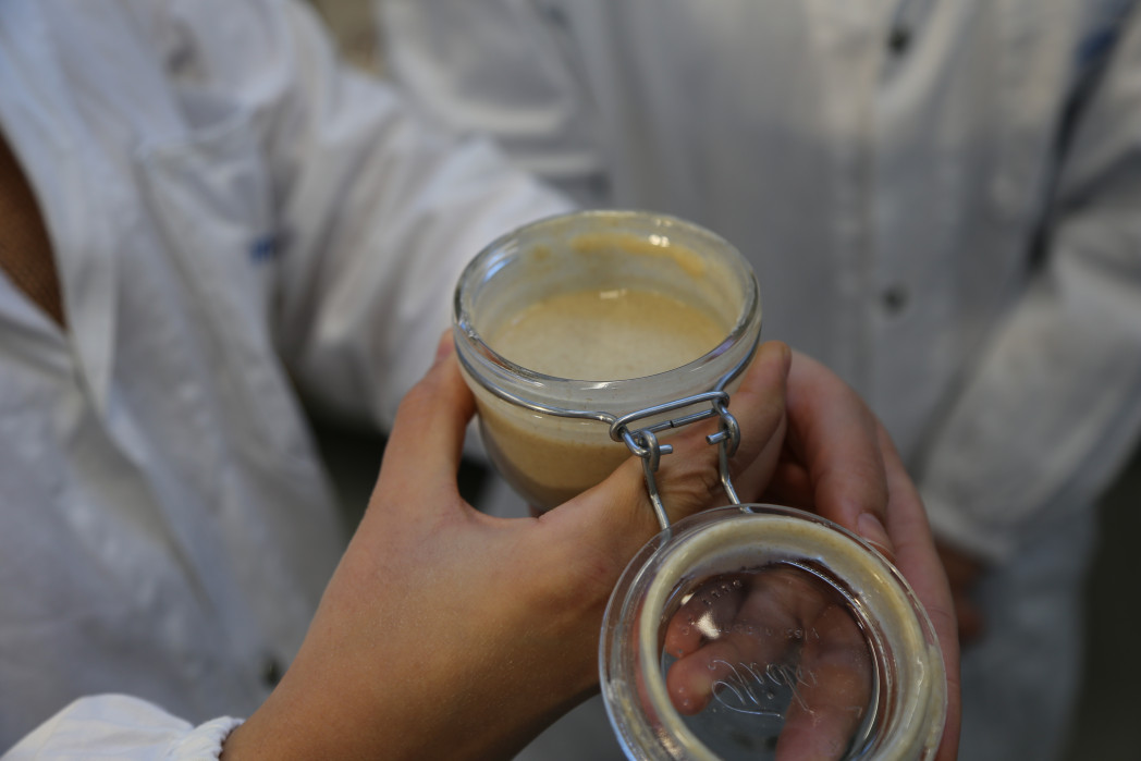 Glas mit flüssigem Tag das von Person in weißem Kittel in Hand gehalten wird.