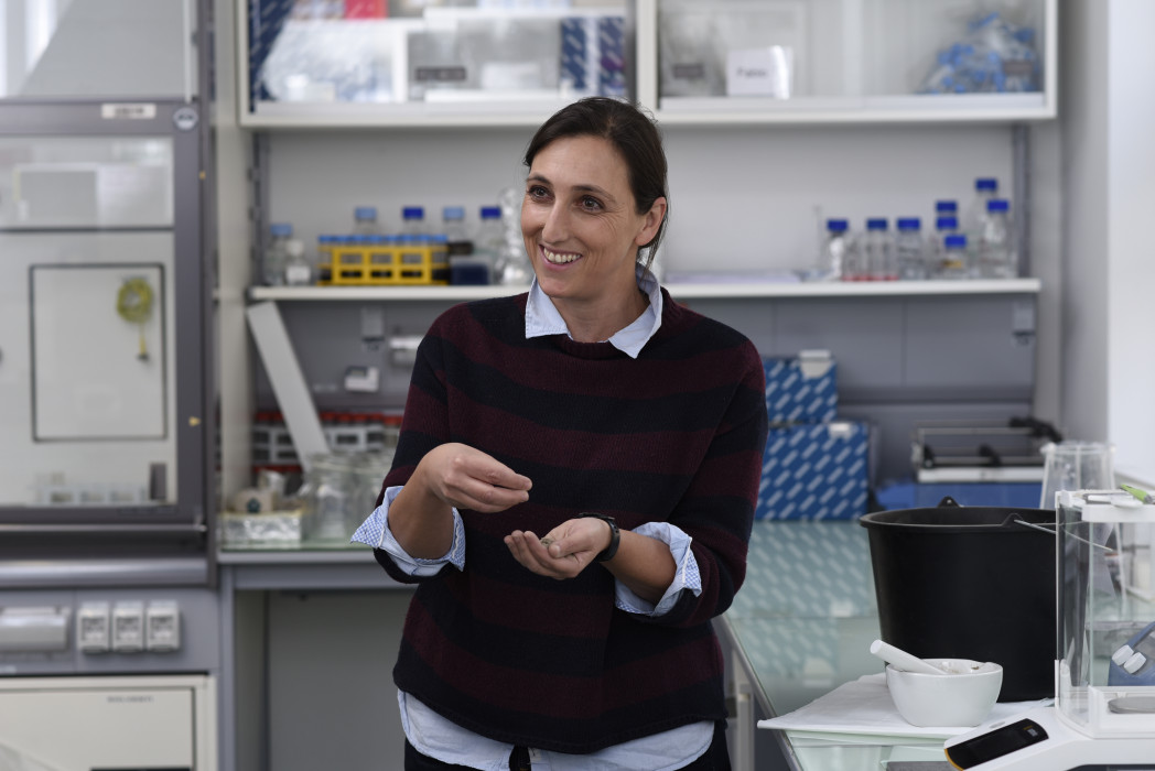 Professorin Tanja Mimmo steht in einem Labor und erklärt etwas 